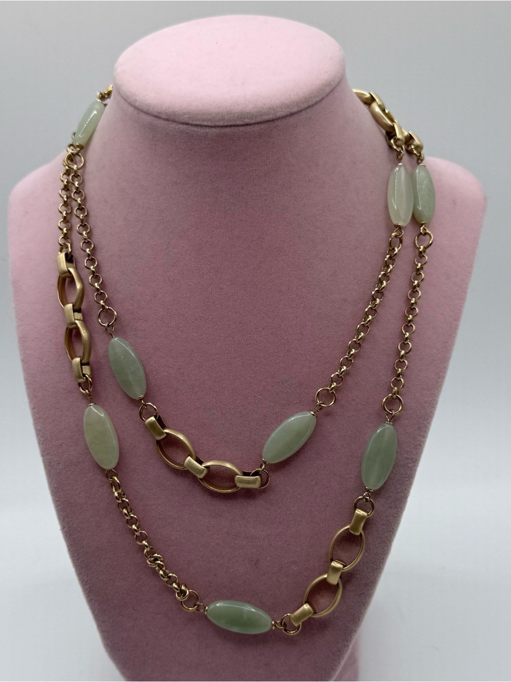 Gold Chain Necklace with Pale Green Stone Beads